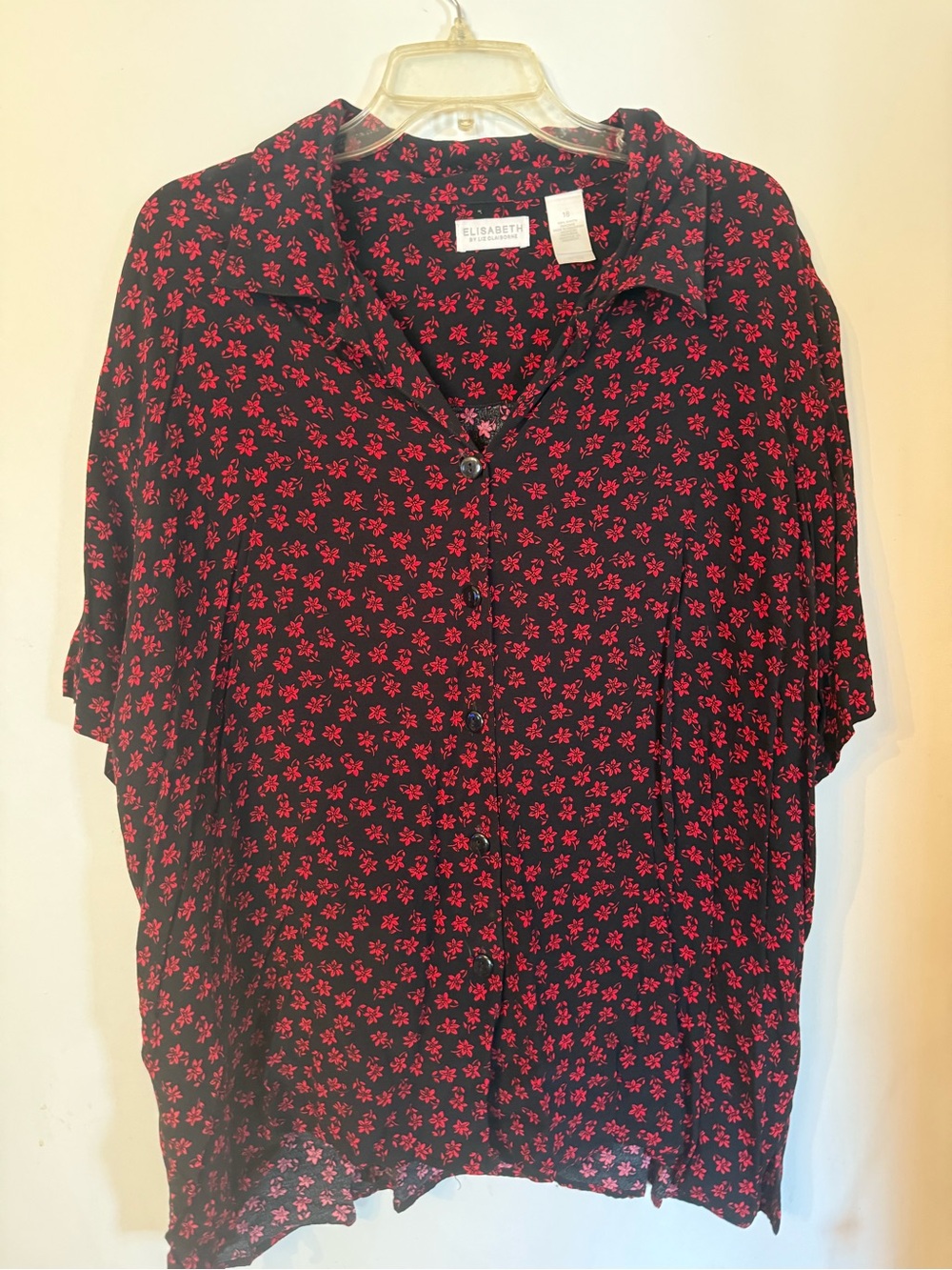 Claiborne Black Short-Sleeve Button-Up Shirt with Red Floral Print